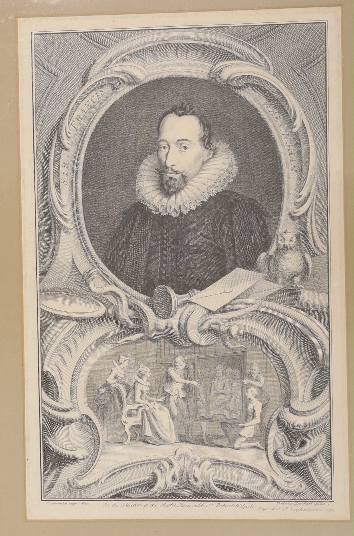 Six 18th century portrait engravings, including Robert Devereux, Earl of Essex, publ. London 1738, together with a mezzotint after John Hoppner, largest 36 x 27cm